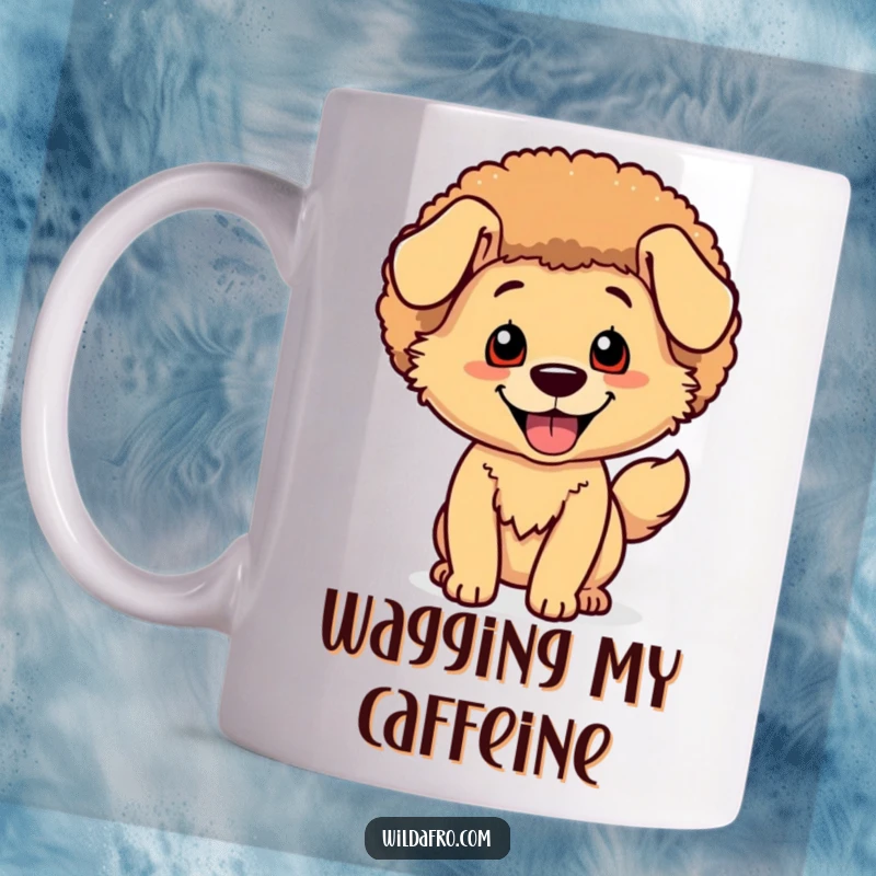 Funny Dog Afro Mug: A happy dog character with a shimmering afro wags its tail joyfully.