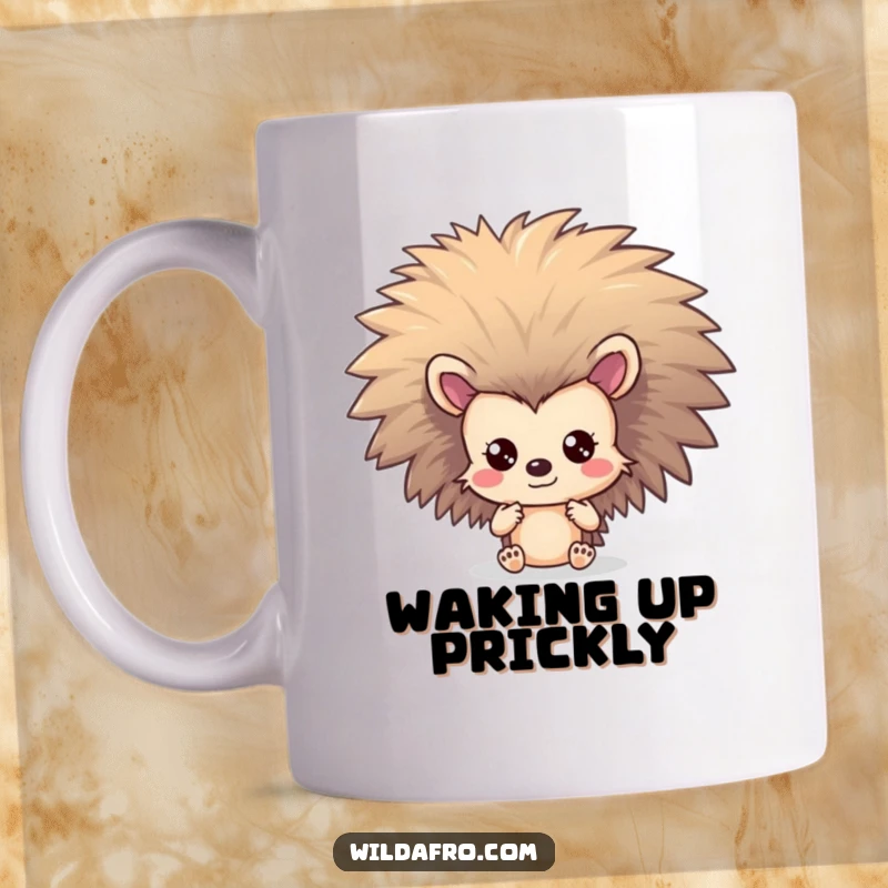 Funny Hedgehog Afro Mug: A shy hedgehog character peeks out cautiously from behind a spectacular, large afro.