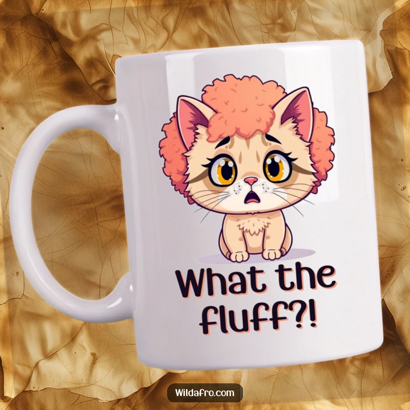 Funny surprised cat with a vibrant afro hairpiece, looking shocked, on a mug. A hilarious and funny gift.