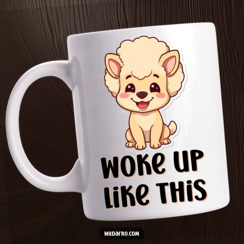 Funny dog mug featuring a joyful character with a large, bouncy, voluminous afro head, looking happy and full of life.