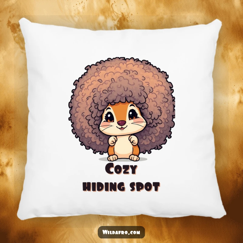 Funny Squirrel Afro Pillow: A curious squirrel character peeks out from a large, textured afro.