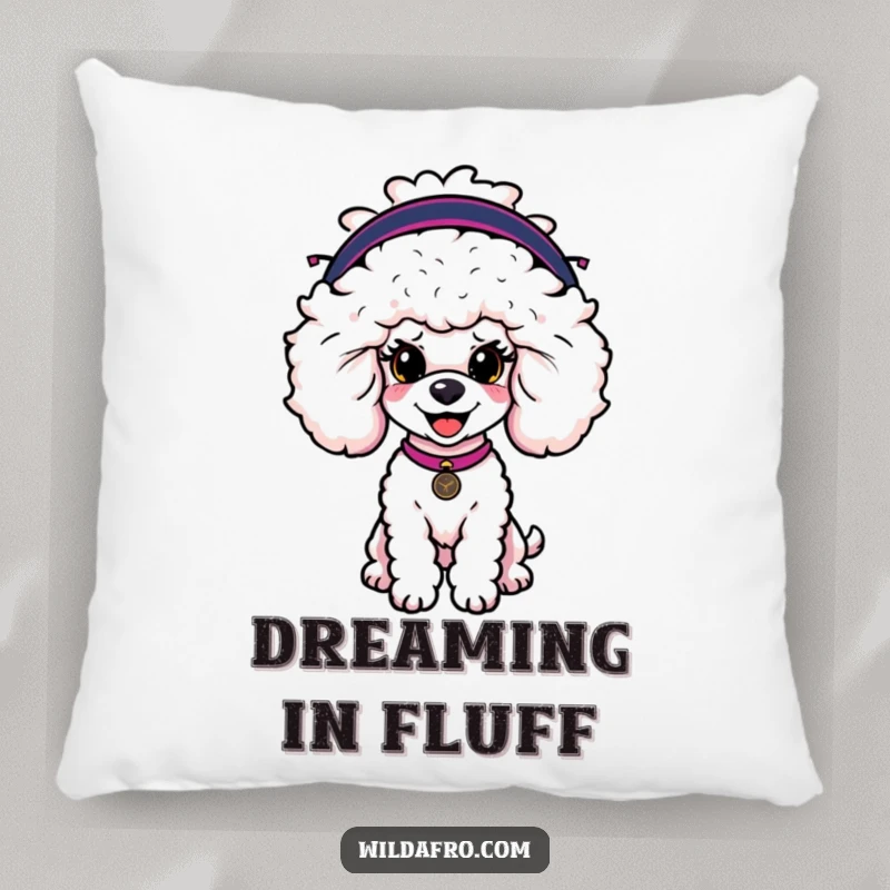 Funny poodle pillow with a cheerful dog wearing a large, stylish afro wig, perfect for adding humor to any seating area.