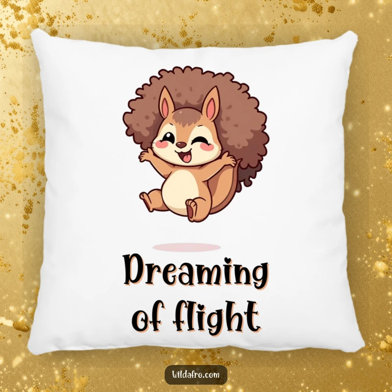 Funny Squirrel Afro Pillow: A plush cushion featuring a delighted squirrel with a spiraled afro, mid-jump, adding a humorous and comfortable touch to any room.