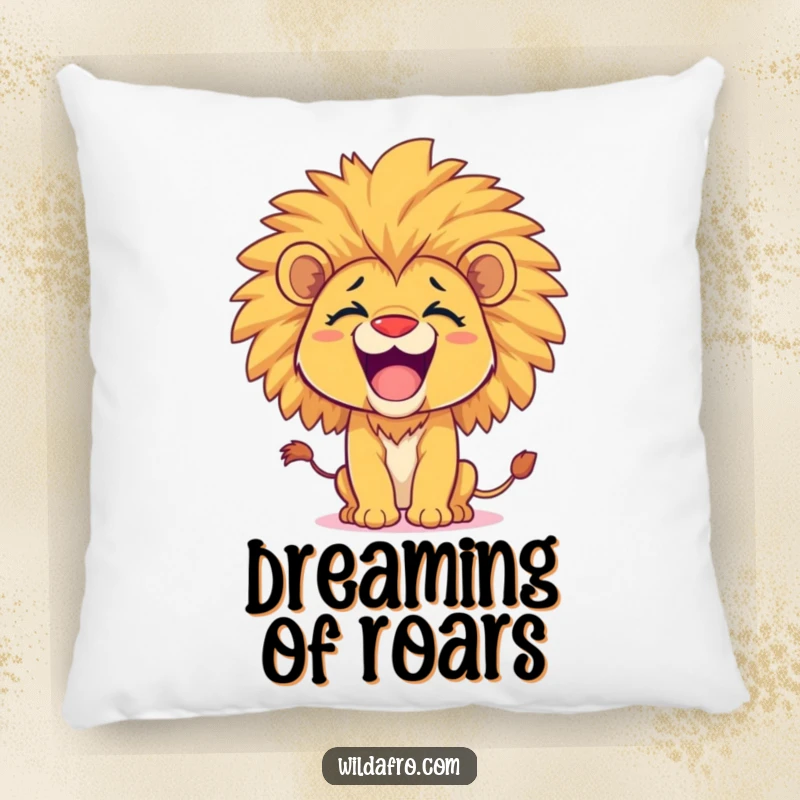 Funny lion cub pillow, happy with a voluminous afro, playfully roaring, adding a touch of fierce charm. A delightful funny gift.