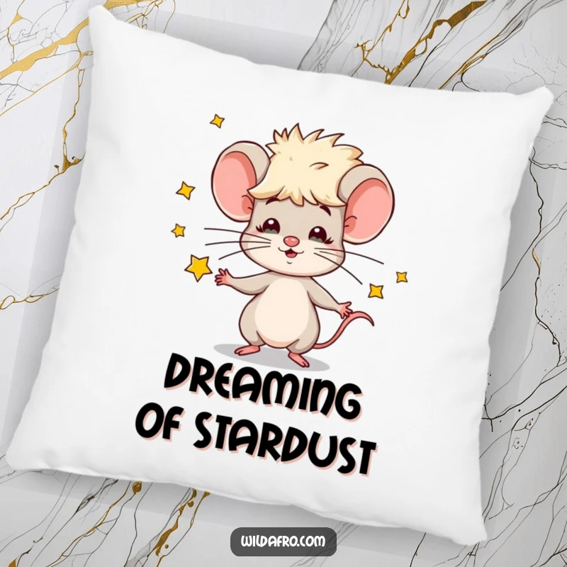 Funny pillow featuring a cute mouse with an afro, joyfully juggling shimmering stars, providing comfort and cosmic charm.