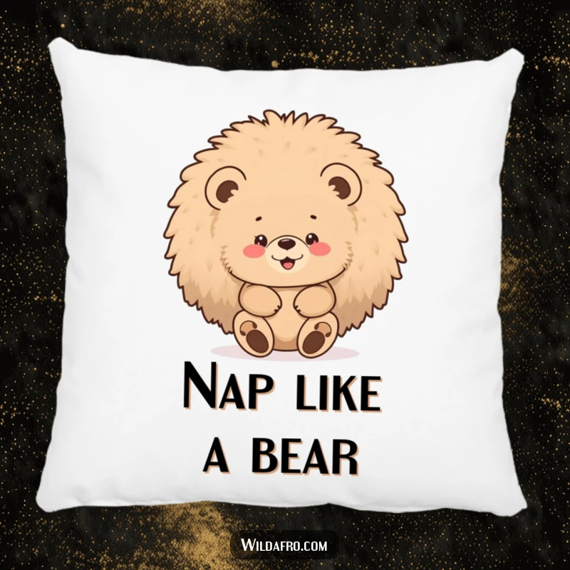 Funny bear afro pillow with a chubby bear cub gleefully hiding inside a large, fluffy afro.
