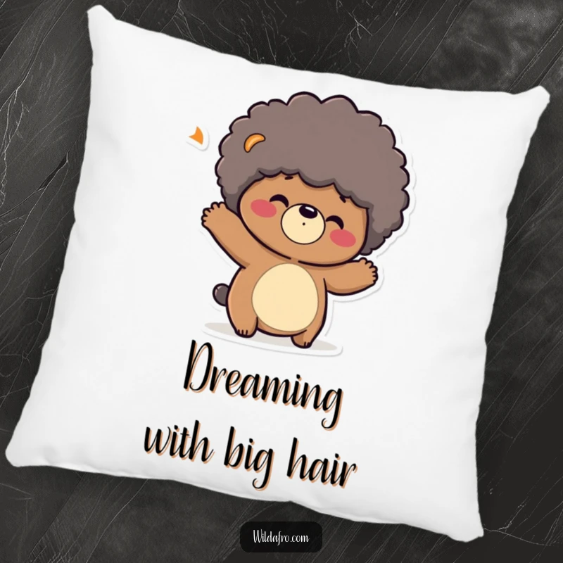 Funny pillow with a playful bear character shaking its head, its afro bouncing adorably. Soft and funny gift.