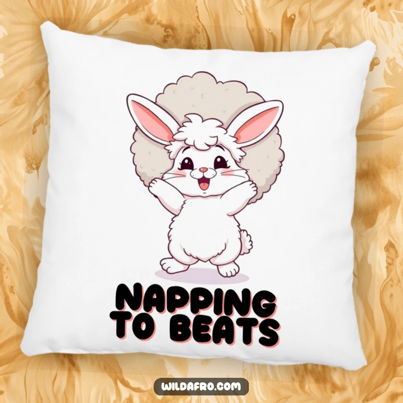 Funny bunny pillow, fluffy with a massive afro, dancing with pure elation, adding a touch of retro charm. A delightful funny gift.