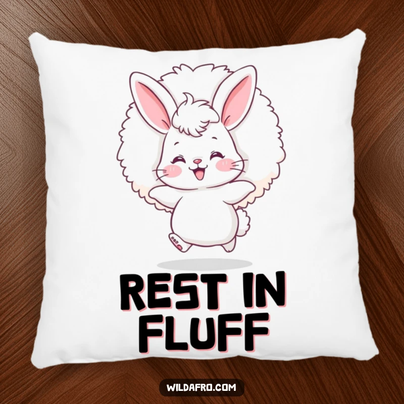 Funny bunny afro pillow with a fluffy bunny, rosy cheeks, happily bouncing with a giant afro puff.