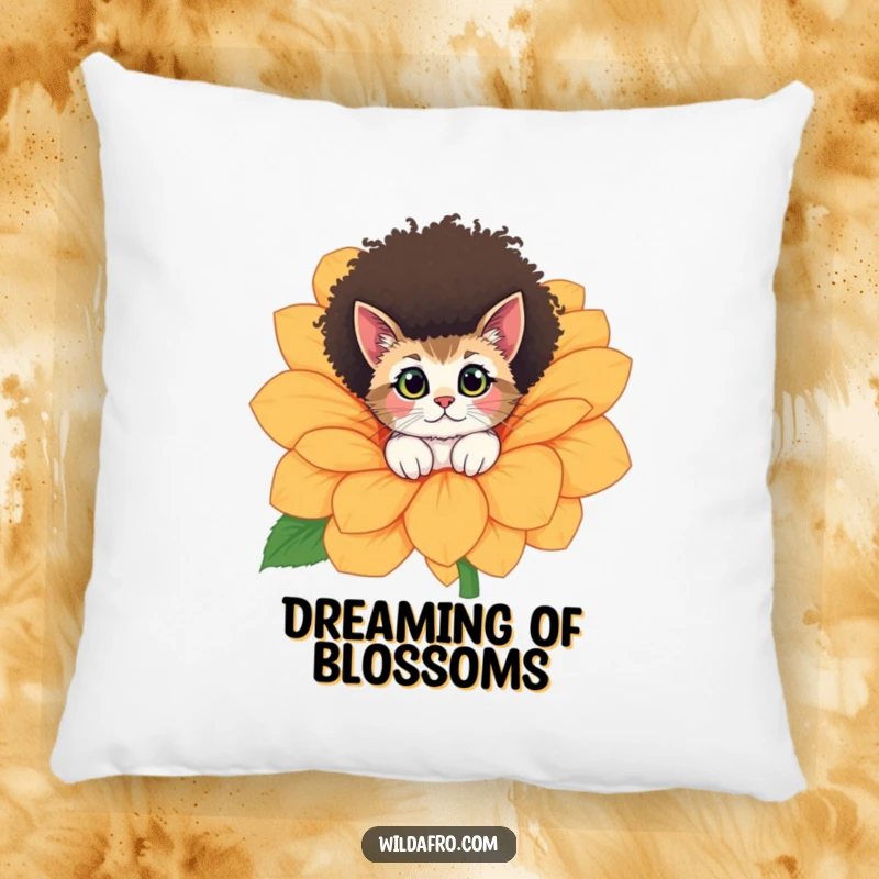 Funny cat with a fluffy afro peeking from behind a giant flower, depicted on a soft and humorous pillow.