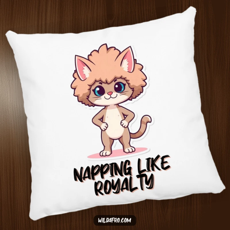 Funny pillow with a proud cat character strutting with a voluminous, stylized afro. Soft and funny gift.
