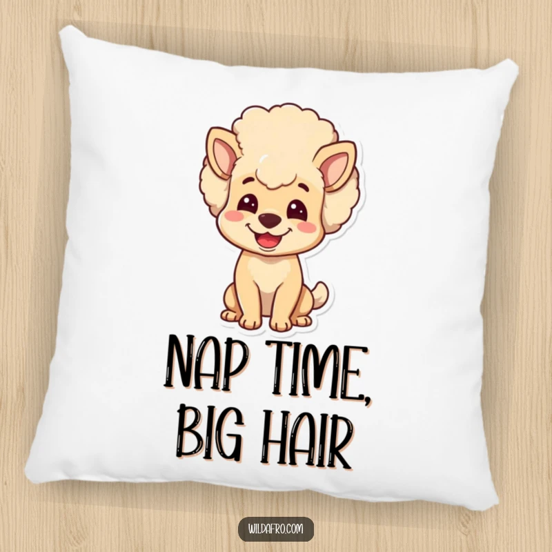 Funny dog pillow featuring a joyful character with a bouncy, voluminous afro head. Soft, humorous decor for dog lovers.