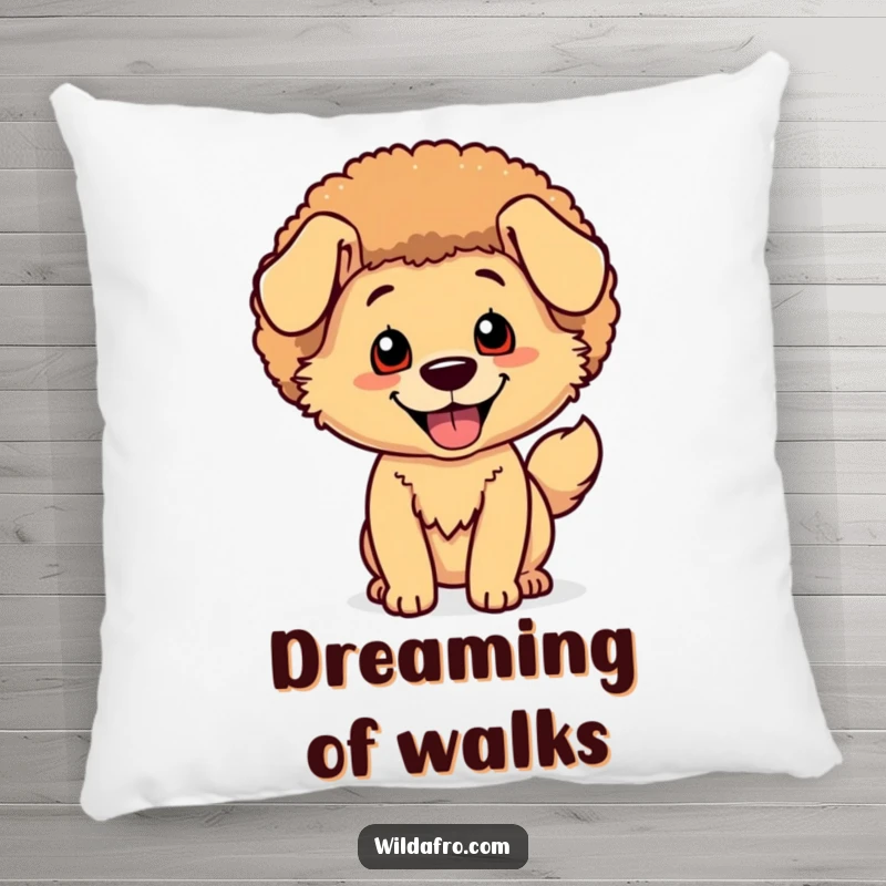 Funny Dog Afro Pillow: A happy dog character with a shimmering afro rests comfortably, tail wagging.