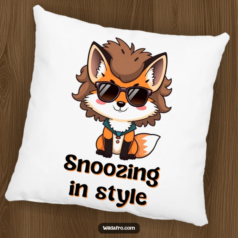 Funny fox pillow, a stylish fox with a voluminous afro and sunglasses, a comfortable and humorous accent.
