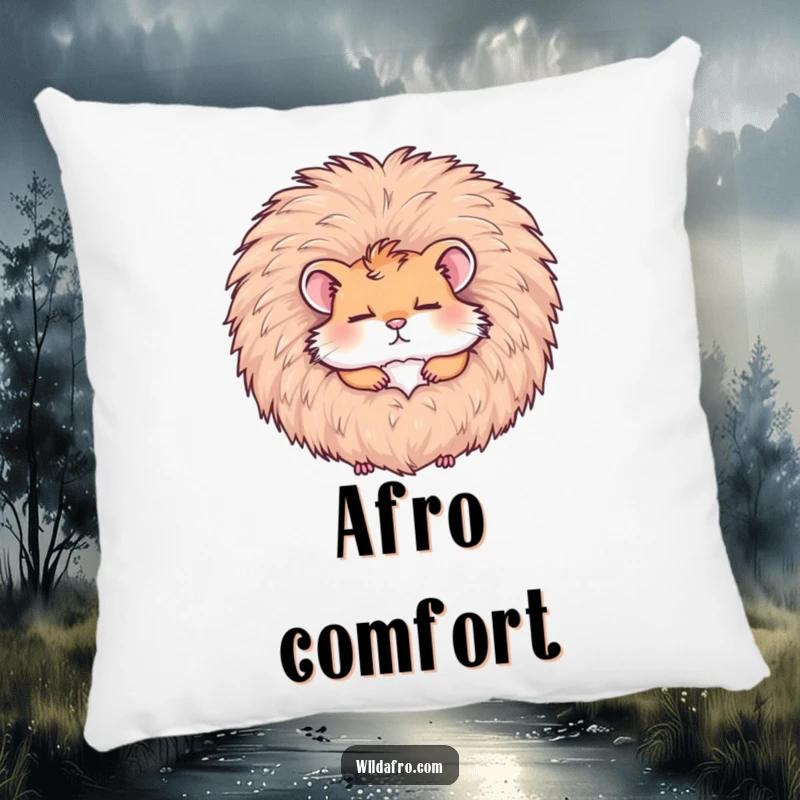 Funny hamster napping in a fluffy afro, printed on a soft pillow, bringing humorous and quirky decor to any space.
