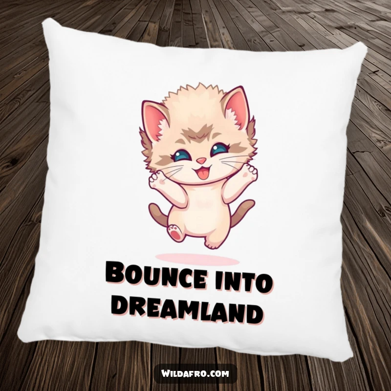 Funny kitten afro pillow featuring a playful kitten with a round afro, bouncing joyfully and offering soft, humorous comfort.
