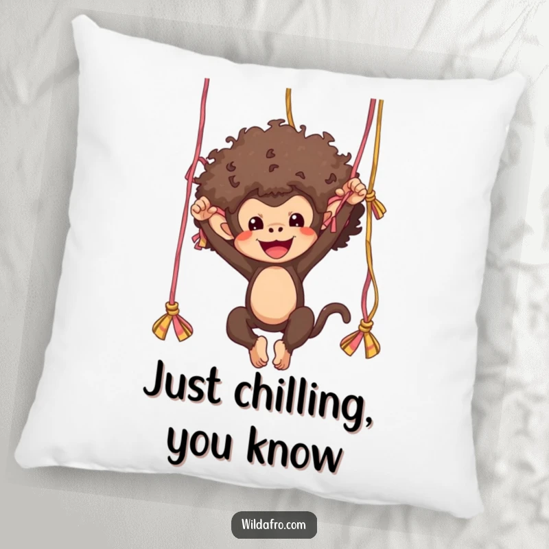 Funny monkey with a voluminous afro swinging from yarn strands, depicted on a soft and cozy pillow.