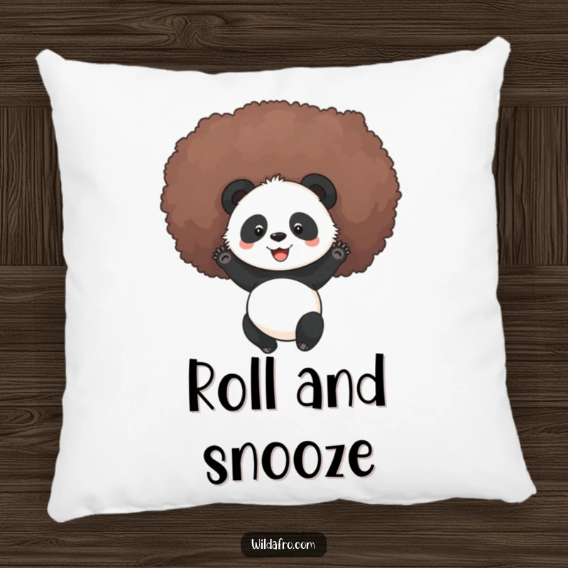 Funny panda rolling in a fluffy afro, printed on a soft pillow, bringing humorous and cheerful decor to any space.