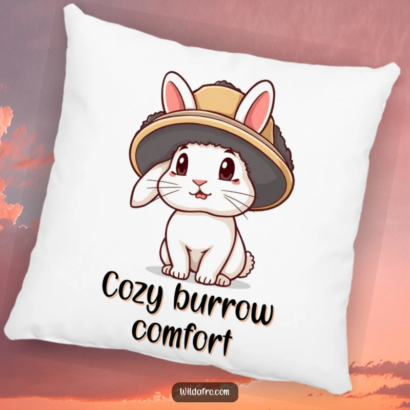 Funny rabbit pillow with a curious bunny character wearing an afro hat, ears sticking out, designed for cozy comfort.