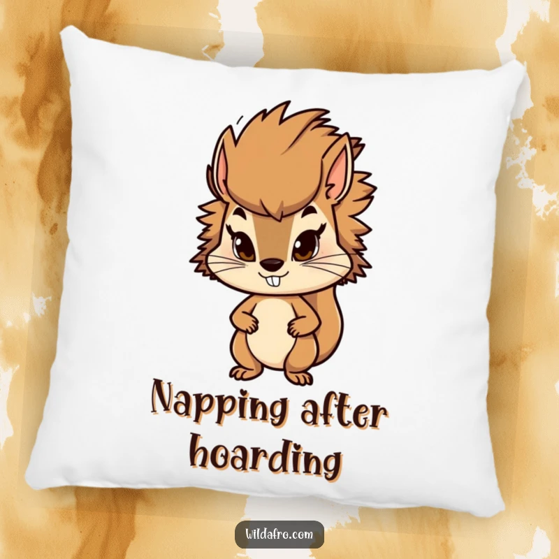 Funny squirrel pillow featuring a determined character with a stylish, bushy afro. Soft, humorous decor for lovers of squirrels.