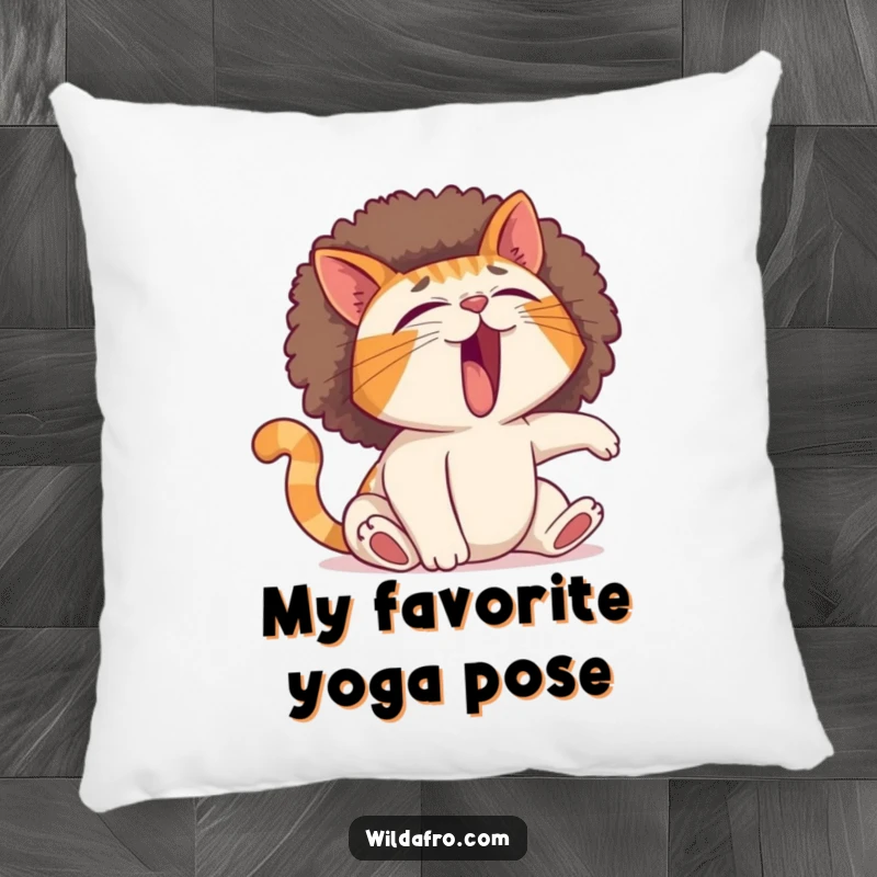 Funny cat pillow illustrating a big yawn from a stretching cat, its afro puffing up comically for maximum humorous appeal.