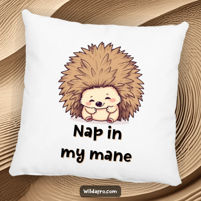 Funny hedgehog half-buried in a fluffy, voluminous afro, designed for comfort and humor on a decorative pillow.