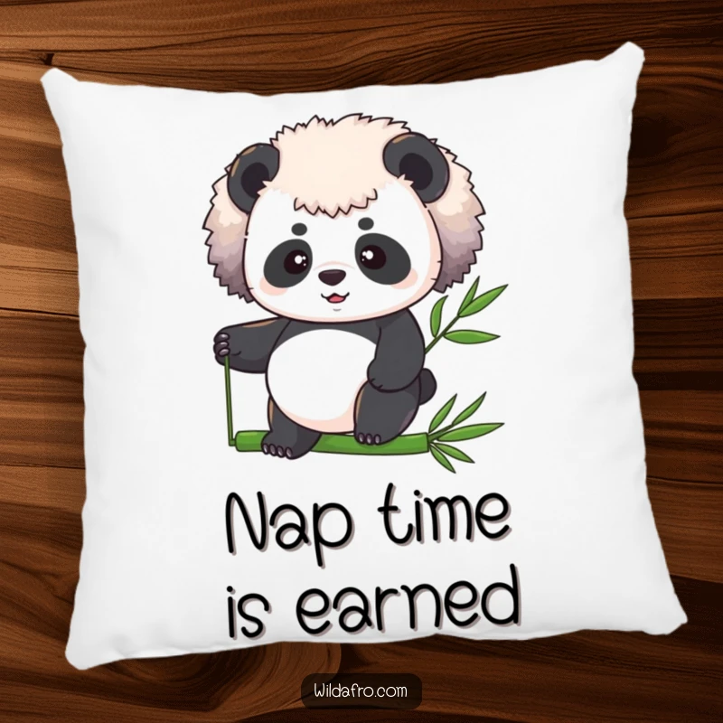 Funny panda with a voluminous afro balancing on a bamboo stalk, depicted on a soft and humorous pillow.