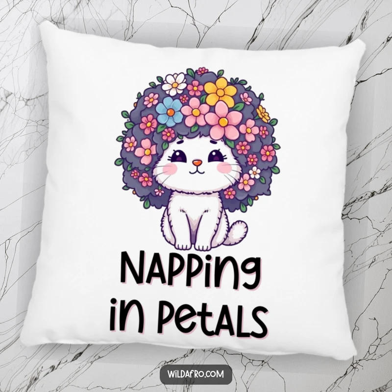 Funny Pillow featuring a fluffy cat character's large curly afro blossoming into a beautiful array of flowers, providing comfort and charm.