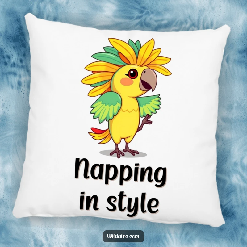 Funny pillow with a dancing parrot character flaunting a vibrant, feathered afro, soft and humorous. Great funny gift.