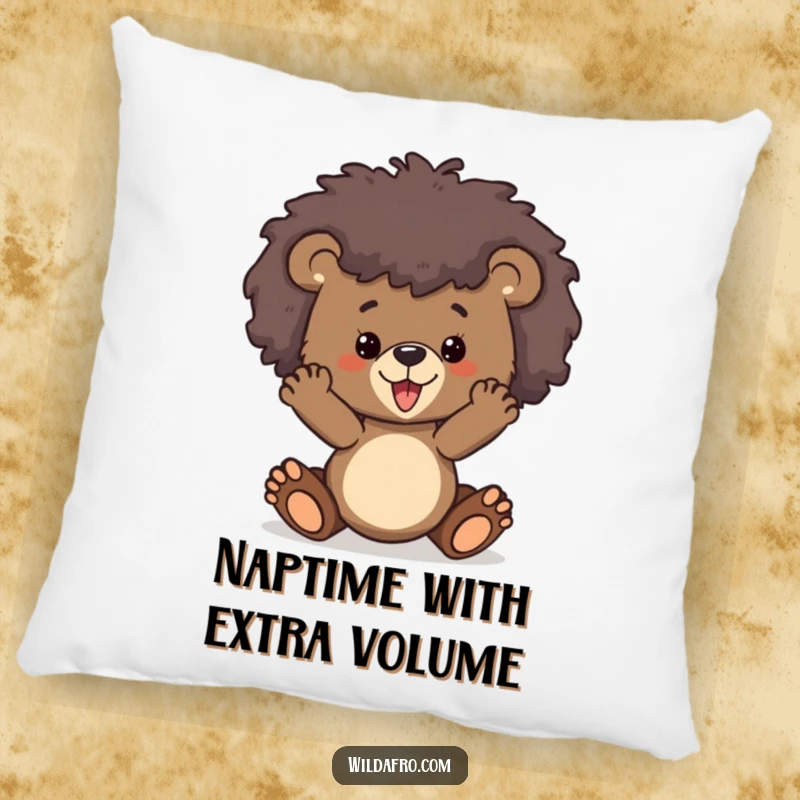Funny bear cub with a fluffy wild afro resting on a soft, decorative pillow, exuding comfort and humor.
