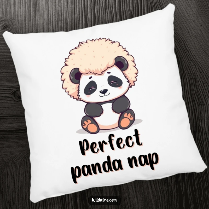 Funny Pillow featuring a contented panda character's large, perfectly round afro, offering comfort and a touch of majestic calm.