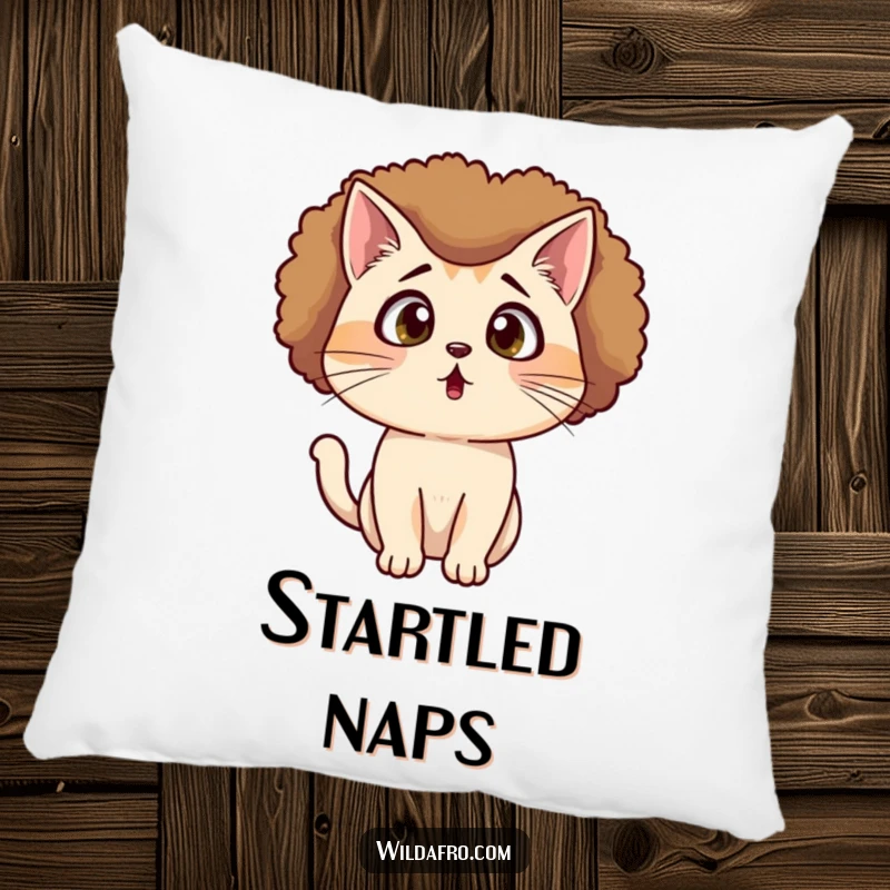 Funny Cat Afro Pillow with a surprised cat wearing an afro wig, looking shocked, offering comfort and humorous appeal.