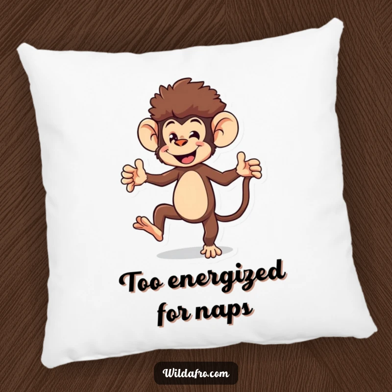 Funny monkey pillow with an energetic monkey character with an afro doing a playful dance, offering comfort and fun.