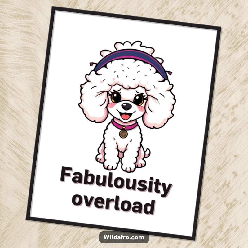 Funny poodle digital art print of a happy dog wearing a large, fashionable afro wig, perfect for instant wall decor.