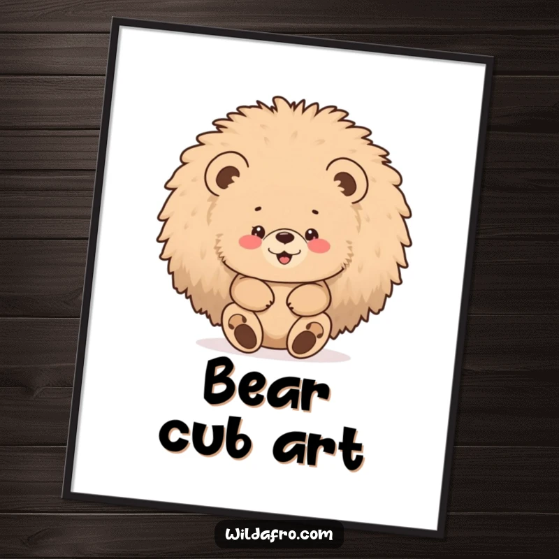 Funny bear afro digital art print of a chubby bear cub gleefully hiding inside a large, fluffy afro.