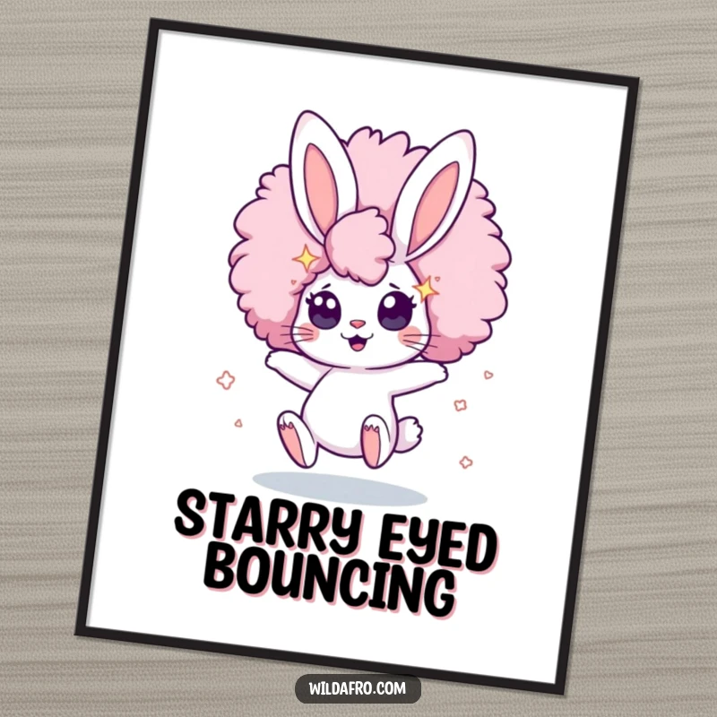Funny Digital Art Print of a cute, bouncing bunny character's massive afro and star-filled eyes, perfect for cosmic-themed decor.