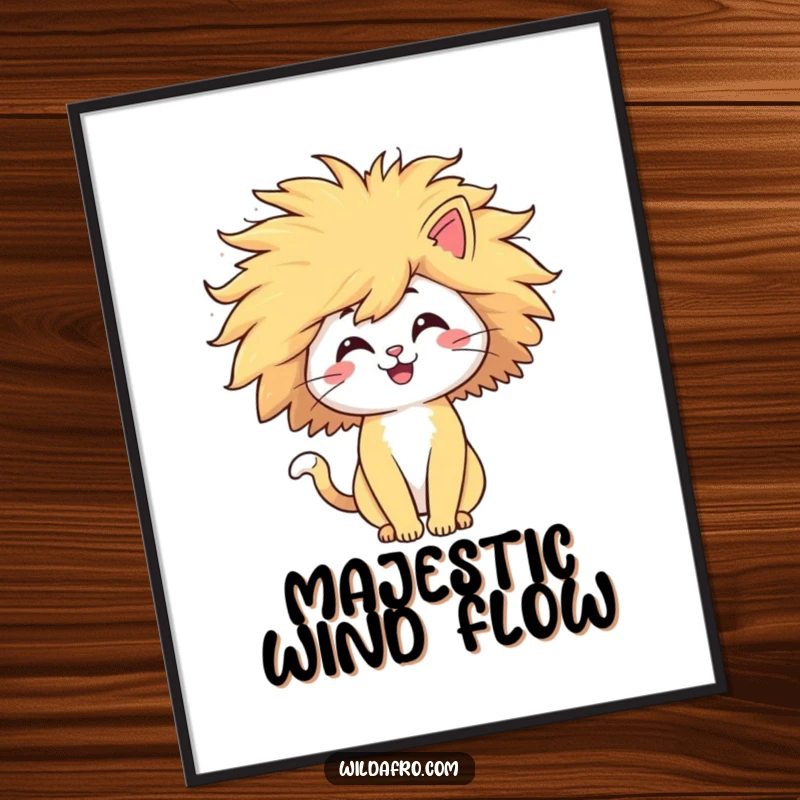 Funny cat digital art print of a happy character with a huge, windblown afro, full of personality and humor. Instant printable decor.