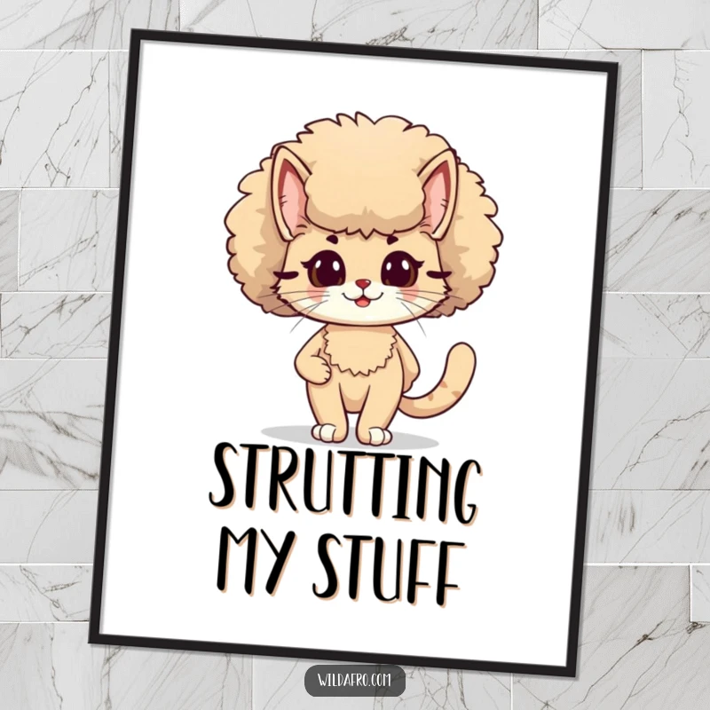 Funny smiling cat with a fluffy afro on digital art, strutting with 70s confidence and feline cool, a downloadable funny gift.