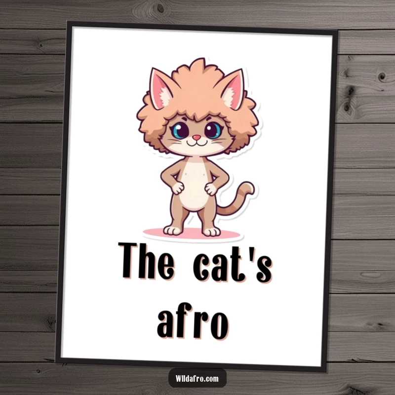 Funny digital art print of a proud cat character strutting with a stylized, voluminous afro. Instant humorous decor.