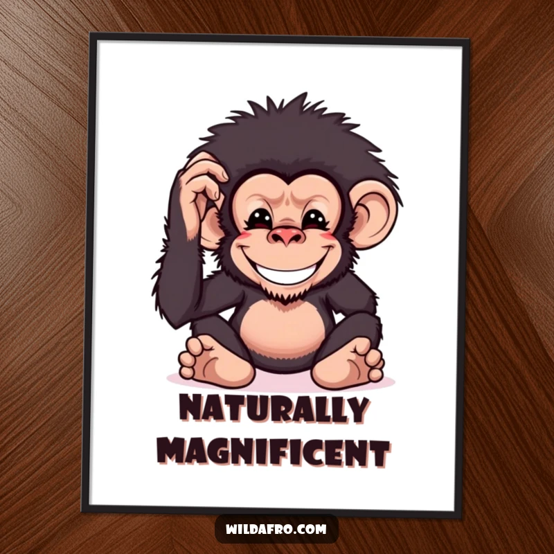 Funny chimpanzee digital art print of a grinning monkey character patting its large, bushy afro, ideal for wall decor.