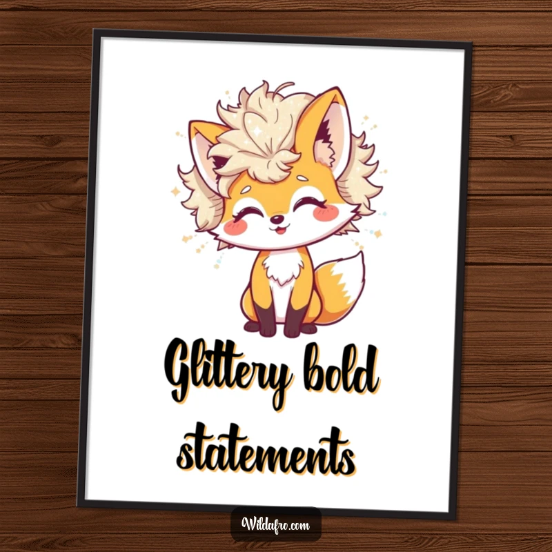 Funny Digital Art Print of a cheerful fox character's massive afro shedding shimmering glitter, perfect for whimsical and sparkly decor.