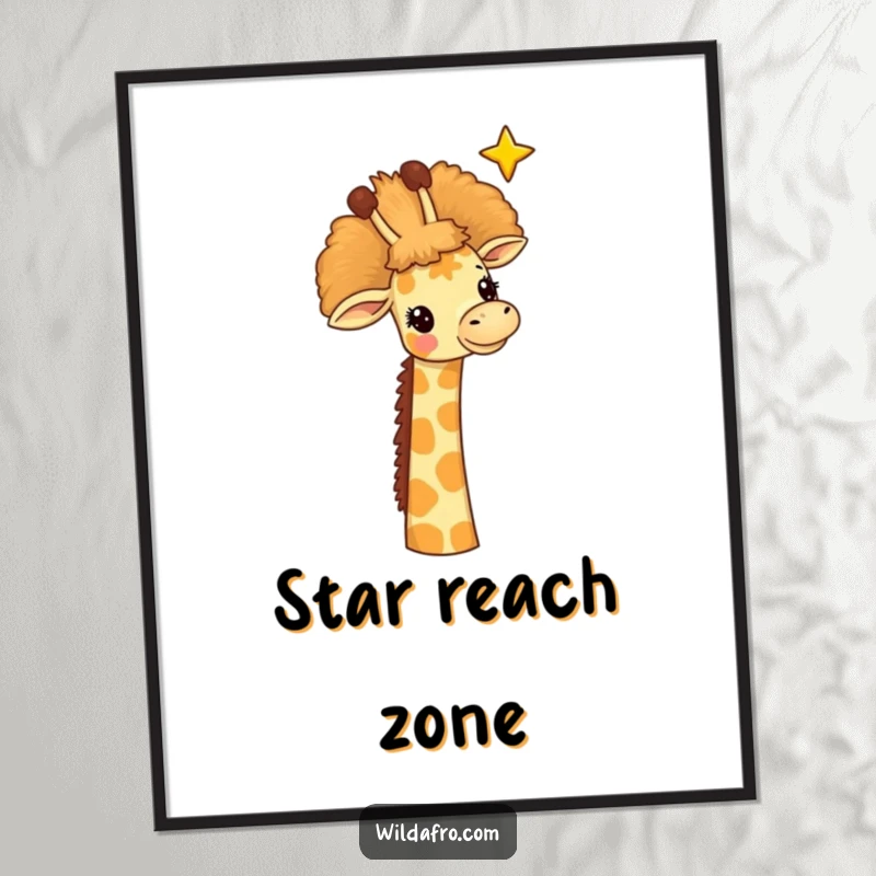 Funny giraffe digital art, a cheerful giraffe with a tall afro reaching for a star, a whimsical and inspiring illustration.
