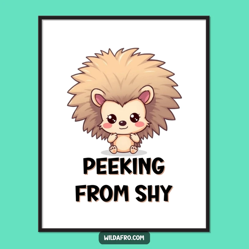 Funny Hedgehog Afro Digital Art Print: Shy Character Hiding Gift