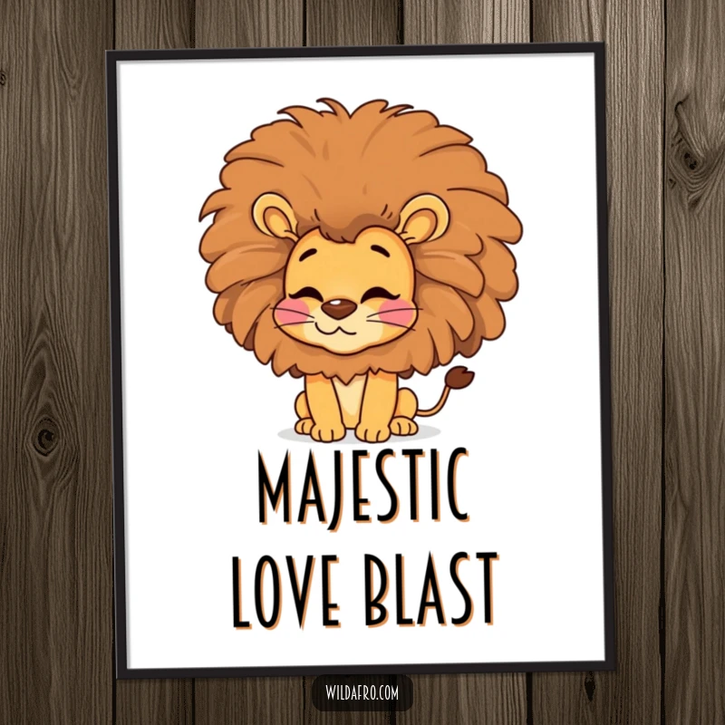 Funny lion digital art, a happy lion with a large afro blowing a kiss, vibrant and retro-themed.