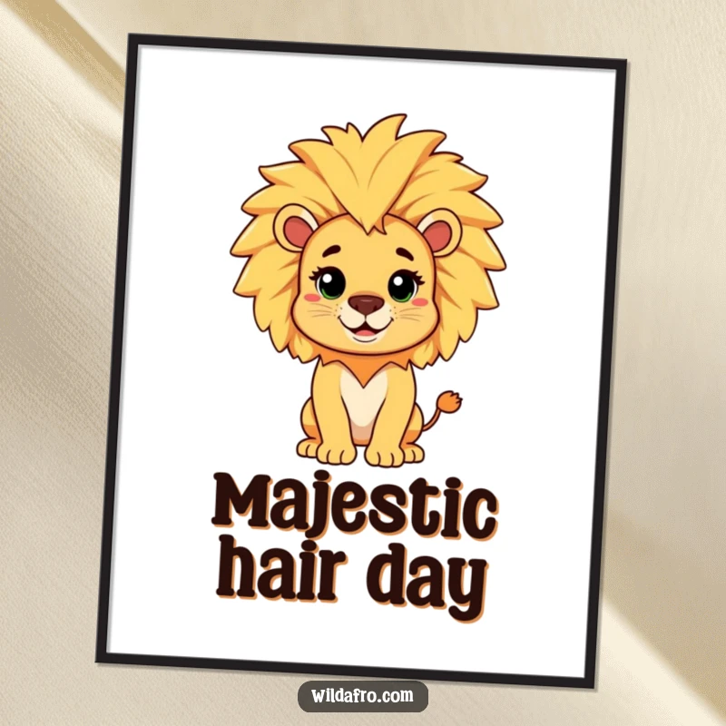Funny digital art print of a lion character with a playful afro mane, humorous and downloadable decor.