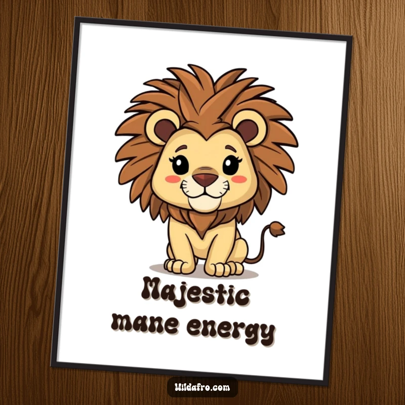 Funny lion digital art print of a proud lion character with a majestic afro shaking its mane, exuding confidence.