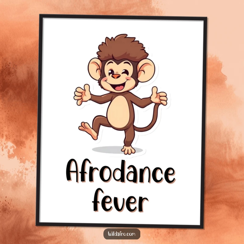 Funny monkey digital art print of an energetic monkey character with an afro doing a playful dance, radiating joy.