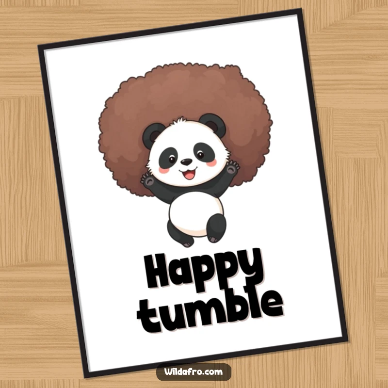 Funny smiling panda rolling in a large afro, as a digital art print, ready to be downloaded for instant humorous decor.