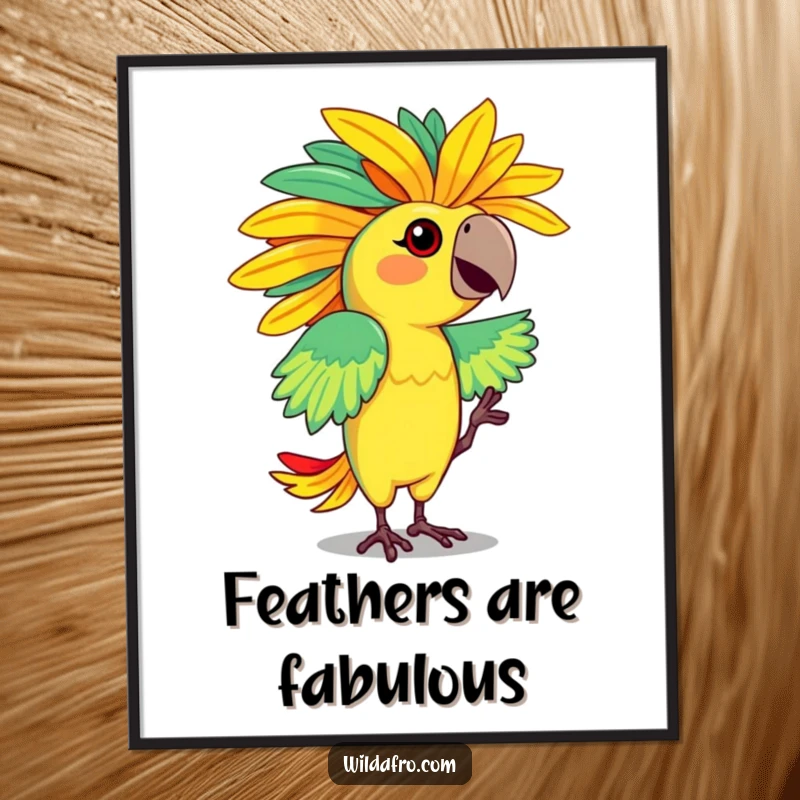 Funny digital art print of a dancing parrot character flaunting a vibrant, feathered afro. Instant humorous decor.