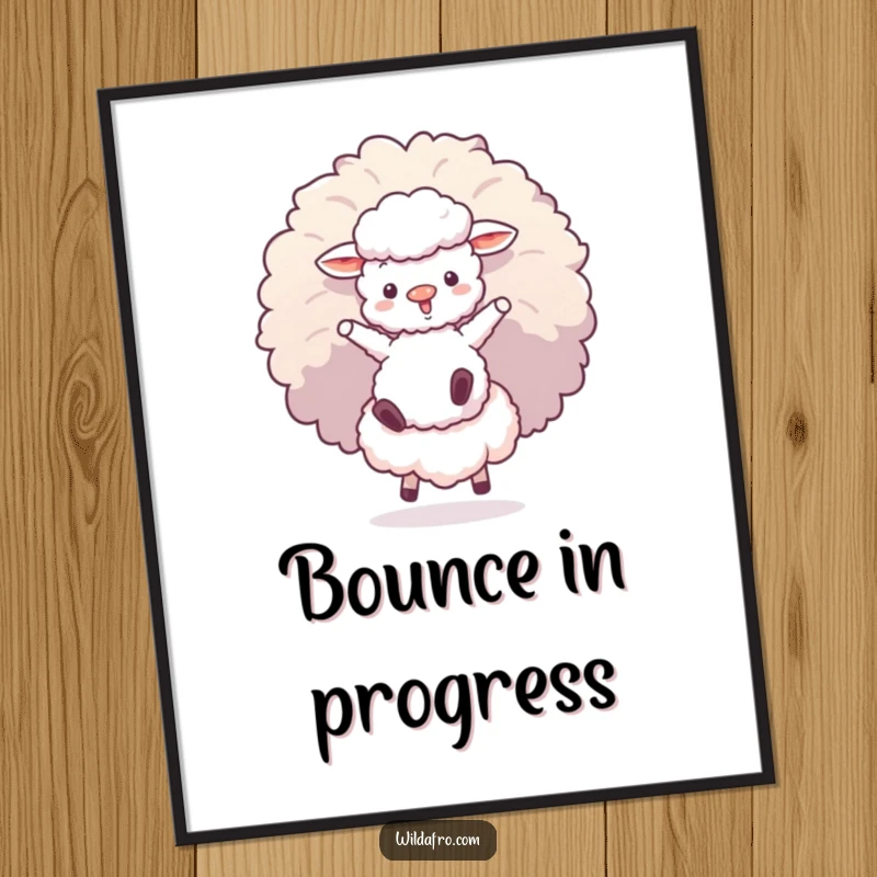 Funny digital art print of a fluffy sheep character bouncing on a giant afro puff, humorous and downloadable decor.